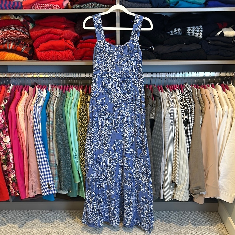 Vince Camuto blue/white paisley smocked back wide strap maxi dress size S